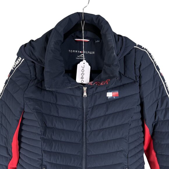 Tommy Hilfiger Women M Puffer Hooded Jacket Branded Strip Down Sleeves Flag Logo - Picture 16 of 16